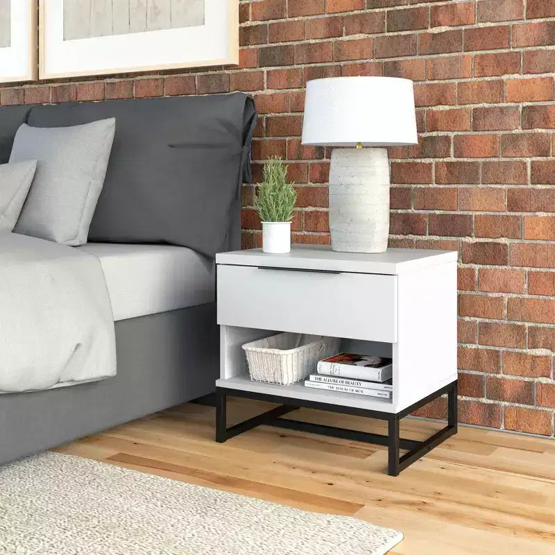 Modern Drawer Storage Nightstand Black MDF Metal Frame