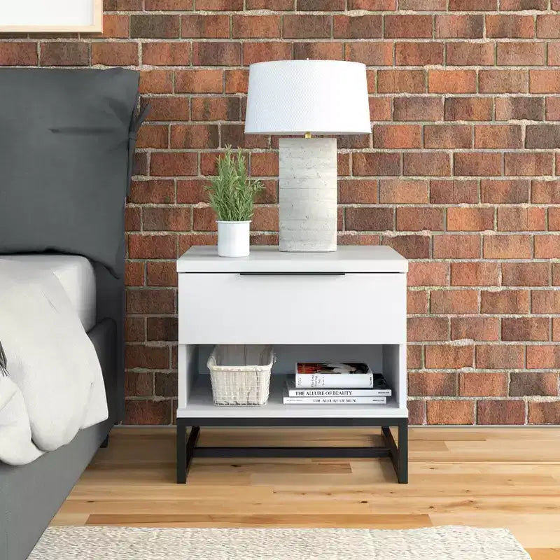 Modern Drawer Storage Nightstand Black MDF Metal Frame
