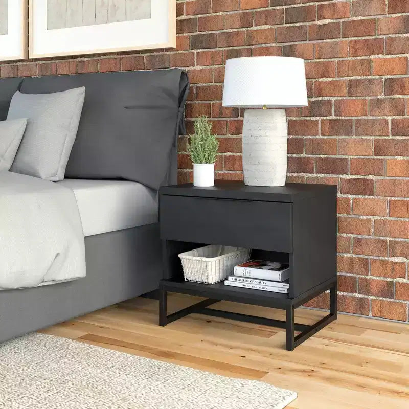 Modern Drawer Storage Nightstand Black MDF Metal Frame