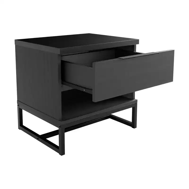 Modern Drawer Storage Nightstand Black MDF Metal Frame