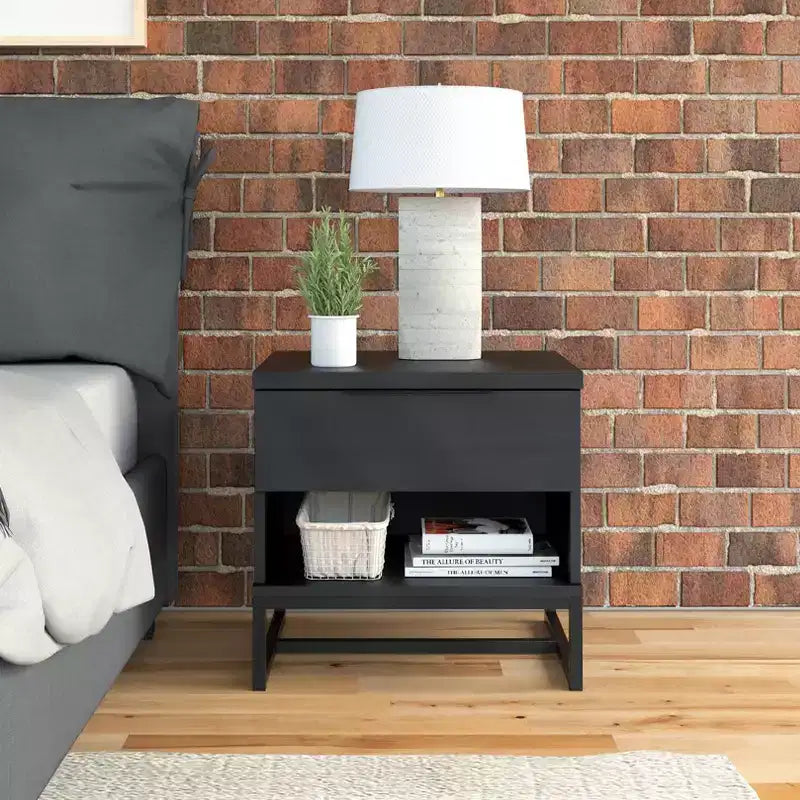Modern Drawer Storage Nightstand Black MDF Metal Frame