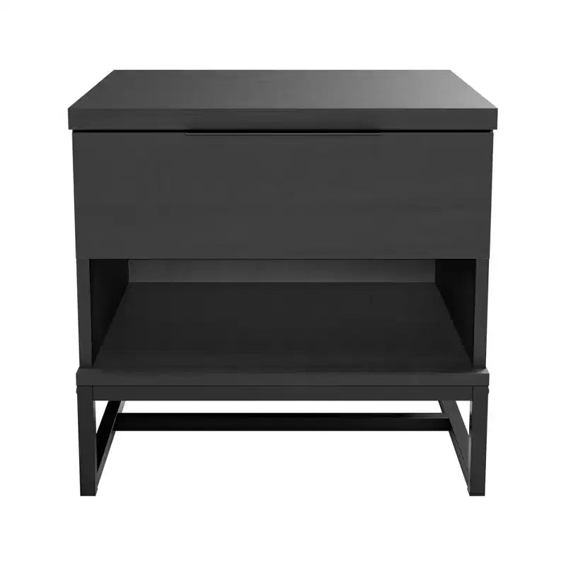 Modern Drawer Storage Nightstand Black MDF Metal Frame