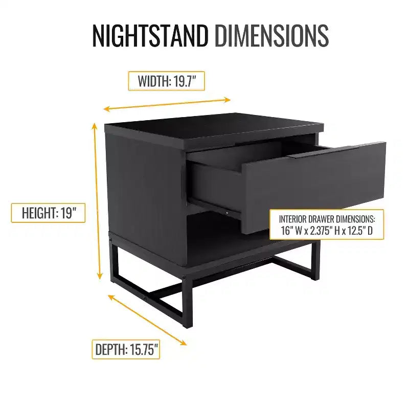 Modern Drawer Storage Nightstand Black MDF Metal Frame