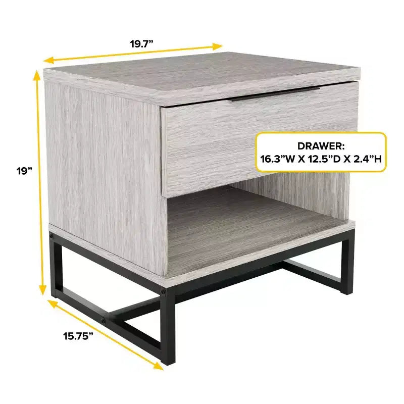 Modern Drawer Storage Nightstand Black MDF Metal Frame