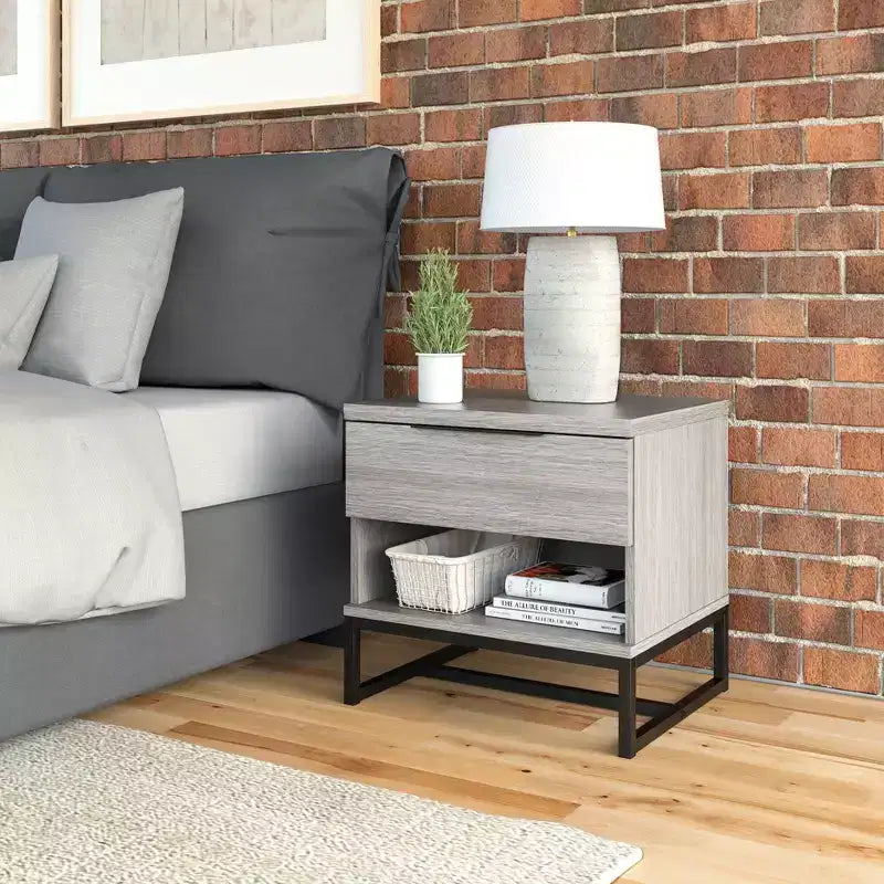 Modern Drawer Storage Nightstand Black MDF Metal Frame