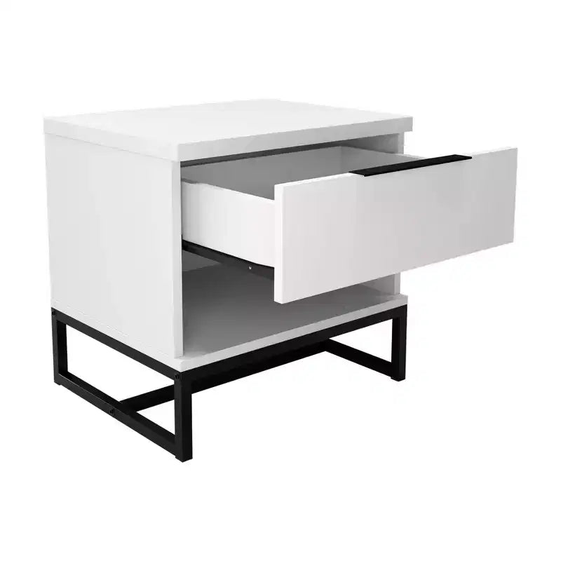 Modern Drawer Storage Nightstand Black MDF Metal Frame