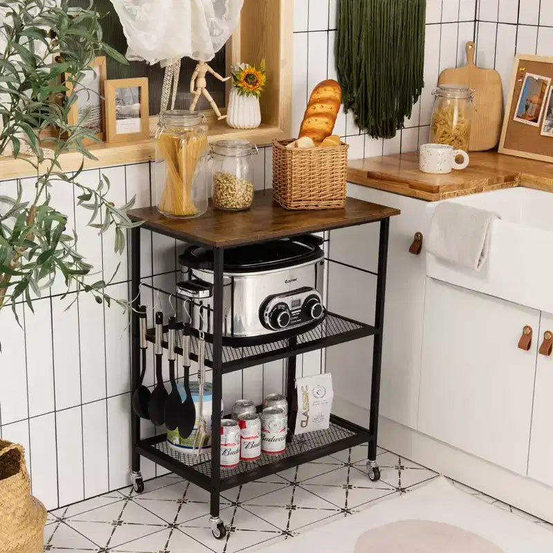 Industrial Serving Cart 3-Tier Kitchen Utility Cart on Wheels w/Storage Black