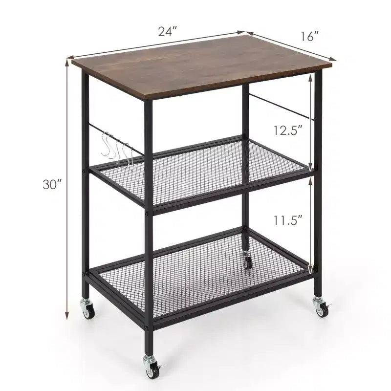 Industrial Serving Cart 3-Tier Kitchen Utility Cart on Wheels w/Storage Black