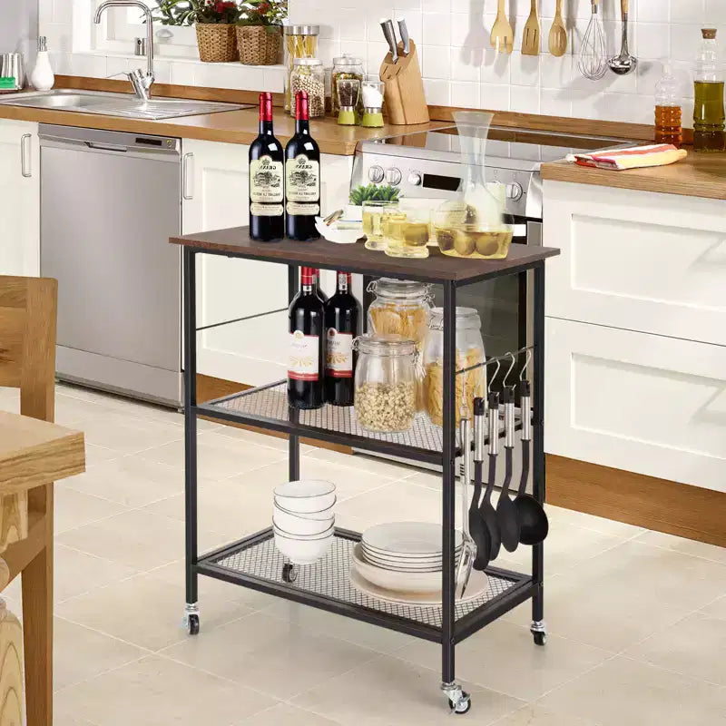Industrial Serving Cart 3-Tier Kitchen Utility Cart on Wheels w/Storage Black