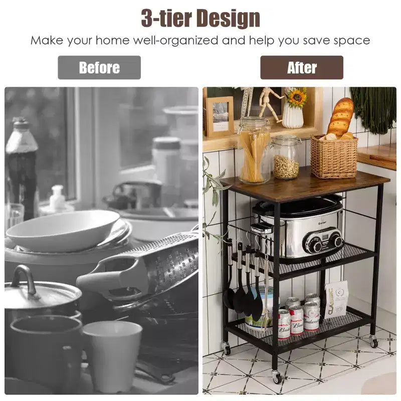 Industrial Serving Cart 3-Tier Kitchen Utility Cart on Wheels w/Storage Black