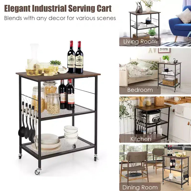 Industrial Serving Cart 3-Tier Kitchen Utility Cart on Wheels w/Storage Black