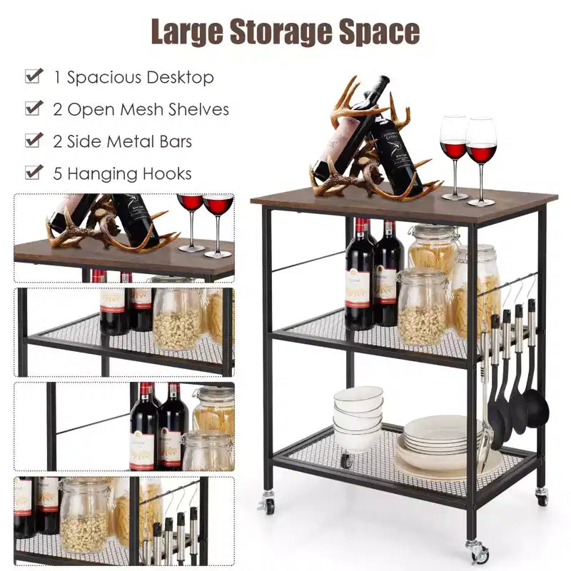 Industrial Serving Cart 3-Tier Kitchen Utility Cart on Wheels w/Storage Black