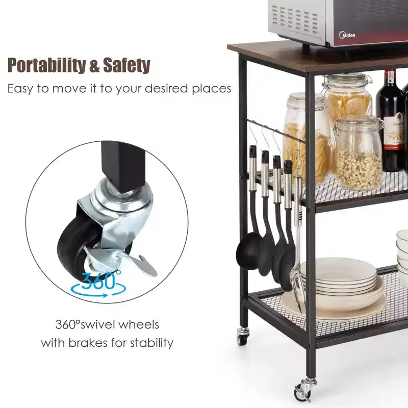 Industrial Serving Cart 3-Tier Kitchen Utility Cart on Wheels w/Storage Black