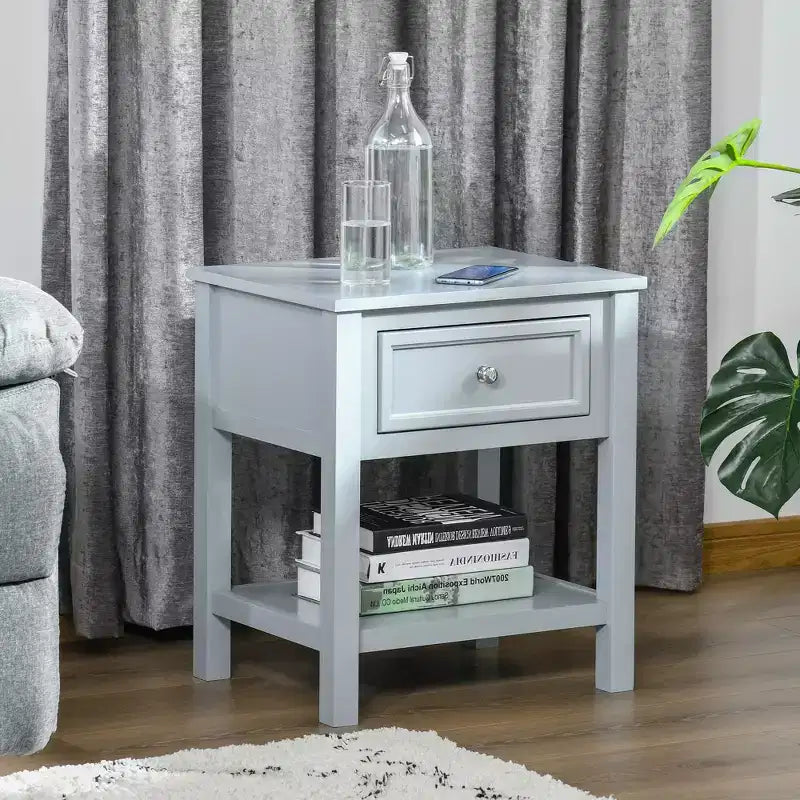 Accent End Table Sofa Side Table with Drawer and Bottom Shelf Gray