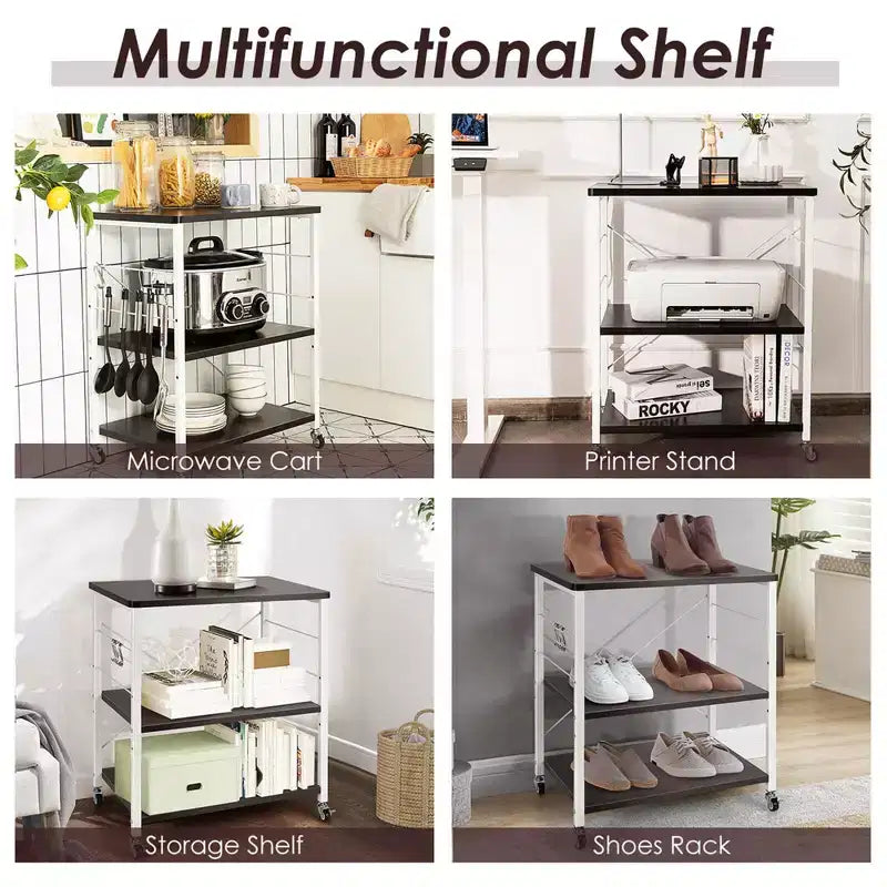 3-Tier Kitchen Baker's Rack Microwave Oven Storage Cart with Hooks