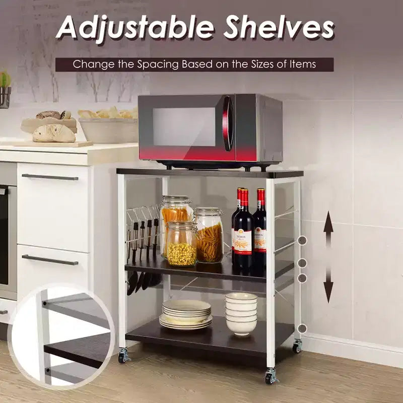 3-Tier Kitchen Baker's Rack Microwave Oven Storage Cart with Hooks