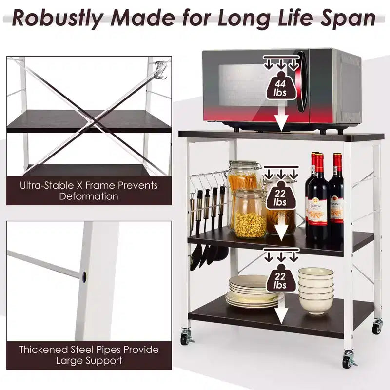 3-Tier Kitchen Baker's Rack Microwave Oven Storage Cart with Hooks