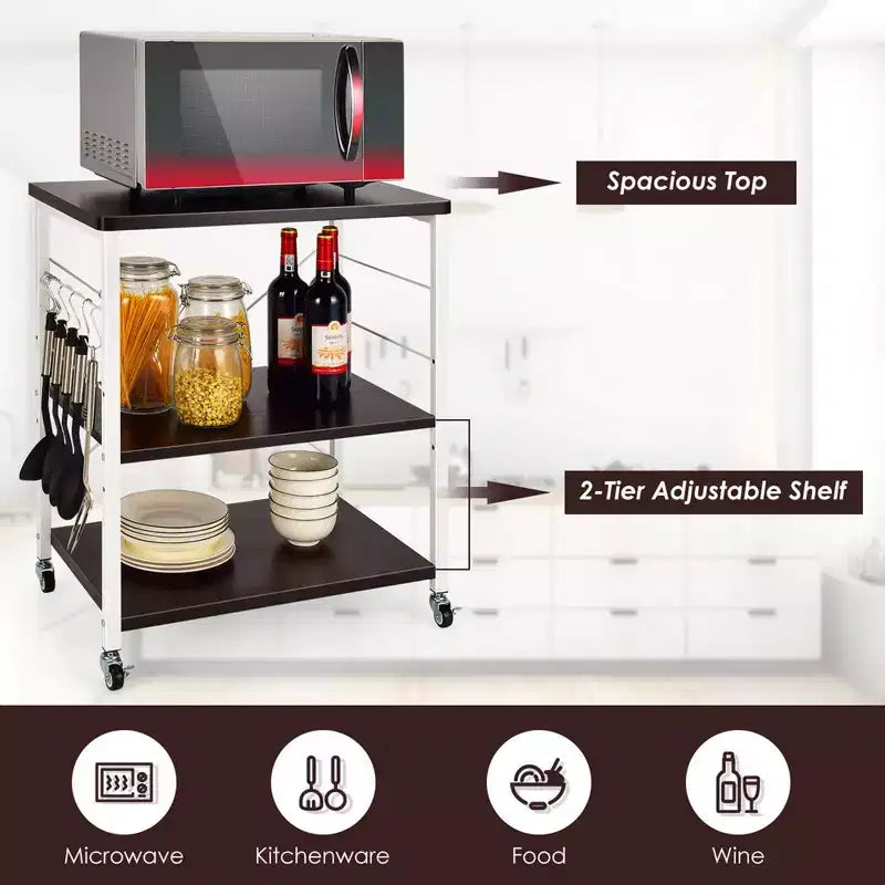 3-Tier Kitchen Baker's Rack Microwave Oven Storage Cart with Hooks