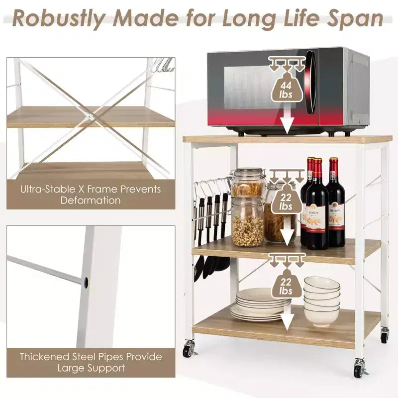 3-Tier Kitchen Baker's Rack Microwave Oven Storage Cart with Hooks