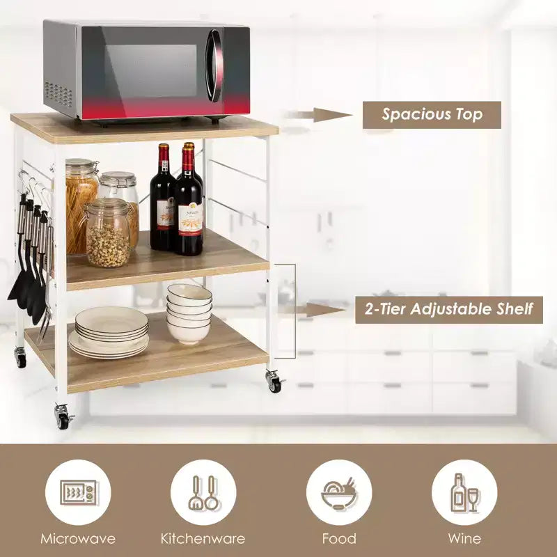 3-Tier Kitchen Baker's Rack Microwave Oven Storage Cart with Hooks