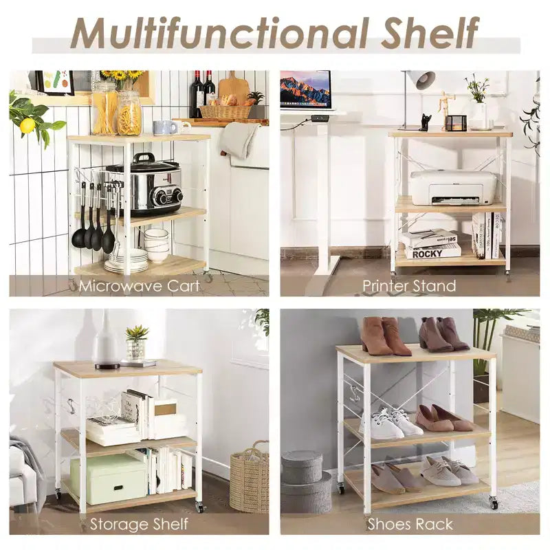 3-Tier Kitchen Baker's Rack Microwave Oven Storage Cart with Hooks