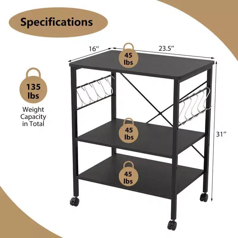 3-Tier Kitchen Baker's Rack Microwave Oven Storage Cart with Hooks