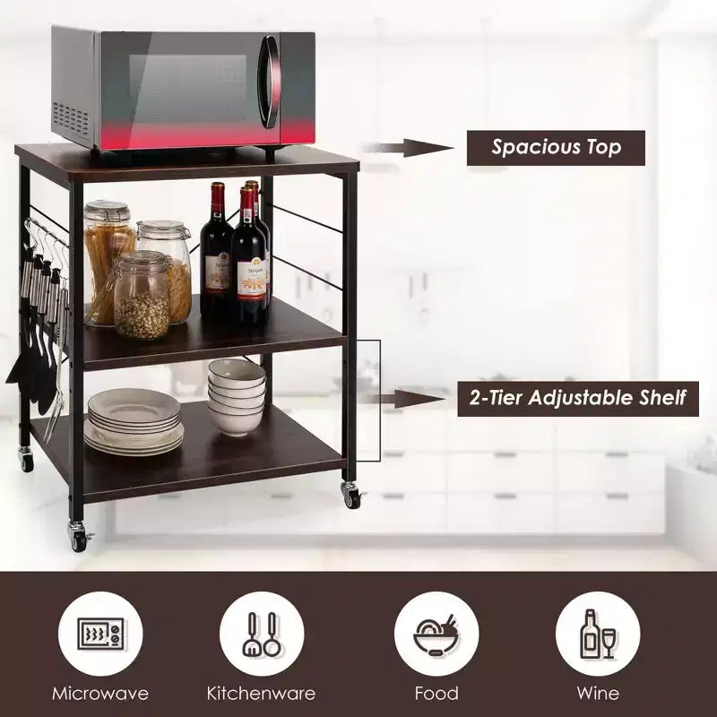 3-Tier Kitchen Baker's Rack Microwave Oven Storage Cart with Hooks
