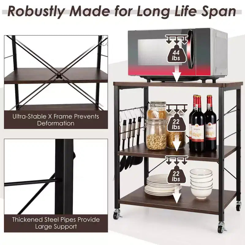 3-Tier Kitchen Baker's Rack Microwave Oven Storage Cart with Hooks