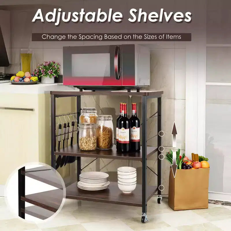 3-Tier Kitchen Baker's Rack Microwave Oven Storage Cart with Hooks