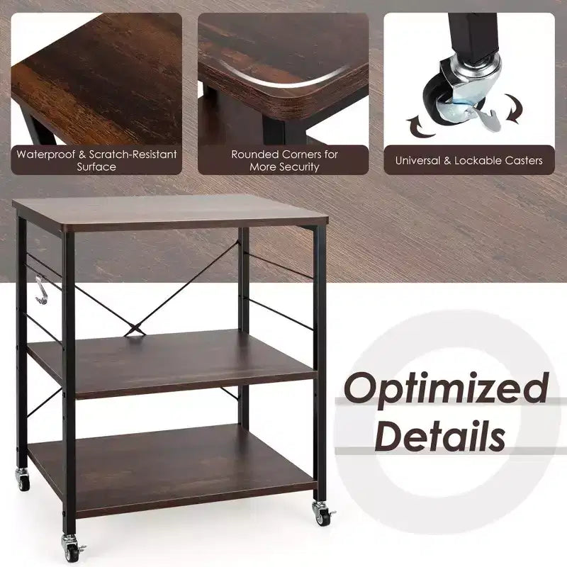 3-Tier Kitchen Baker's Rack Microwave Oven Storage Cart with Hooks