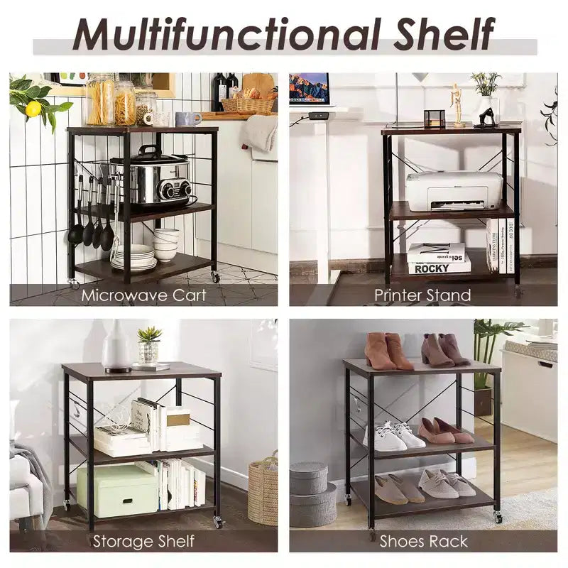 3-Tier Kitchen Baker's Rack Microwave Oven Storage Cart with Hooks