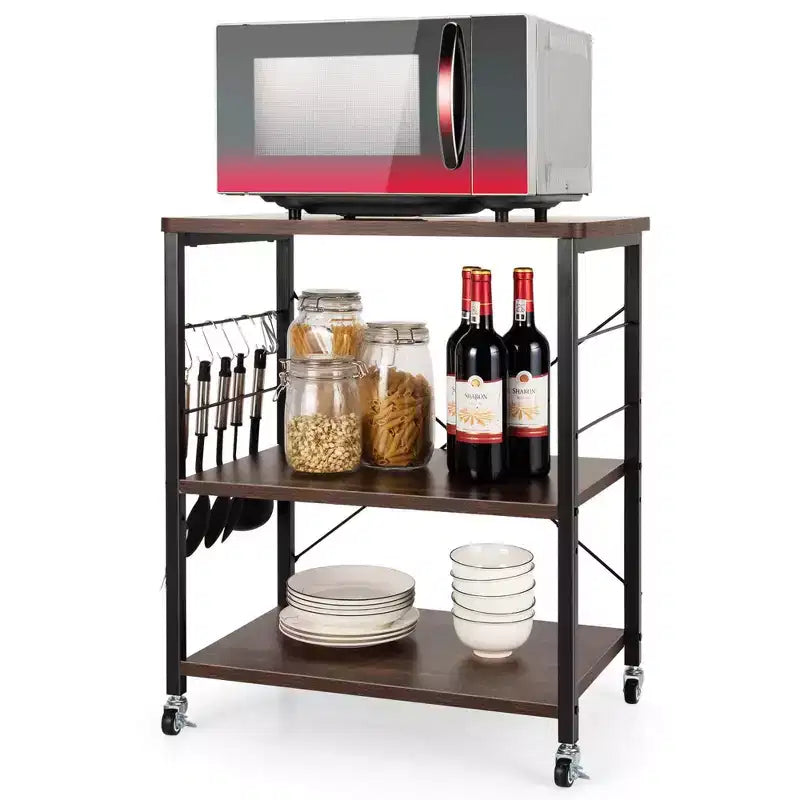3-Tier Kitchen Baker's Rack Microwave Oven Storage Cart with Hooks