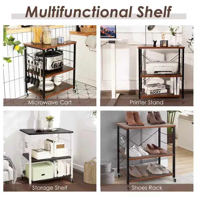 3-Tier Kitchen Baker's Rack Microwave Oven Storage Cart with Hooks