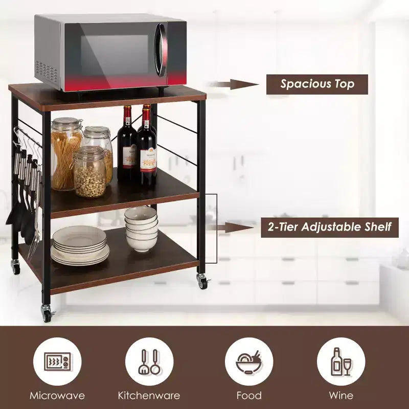 3-Tier Kitchen Baker's Rack Microwave Oven Storage Cart with Hooks