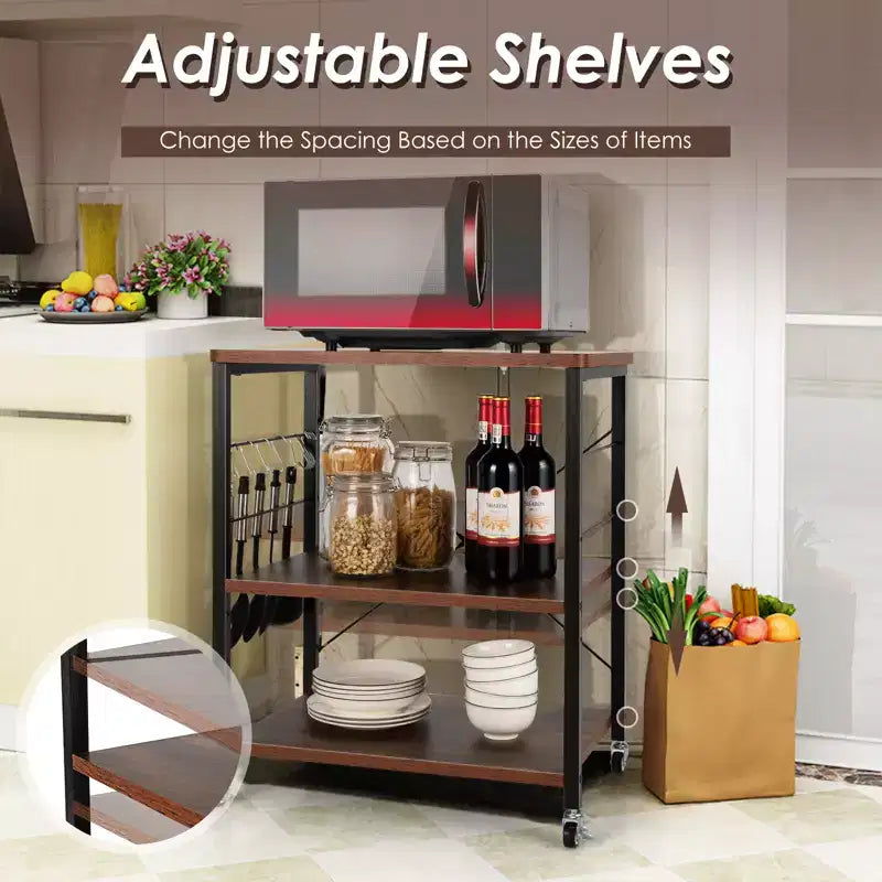 3-Tier Kitchen Baker's Rack Microwave Oven Storage Cart with Hooks
