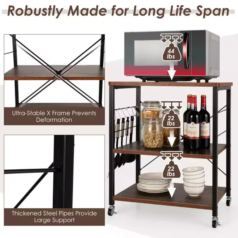 3-Tier Kitchen Baker's Rack Microwave Oven Storage Cart with Hooks