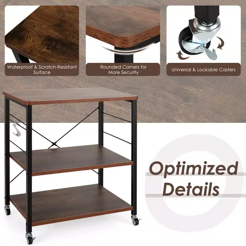 3-Tier Kitchen Baker's Rack Microwave Oven Storage Cart with Hooks