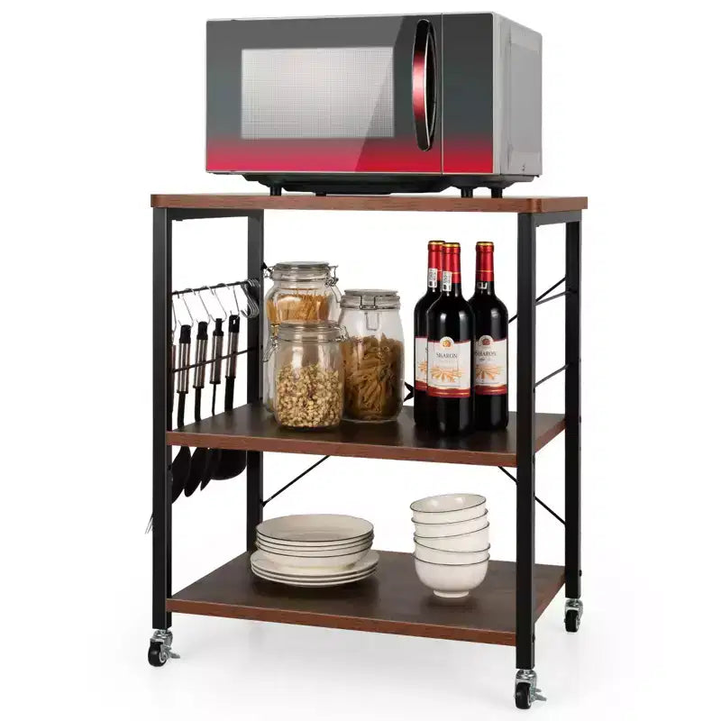 3-Tier Kitchen Baker's Rack Microwave Oven Storage Cart with Hooks
