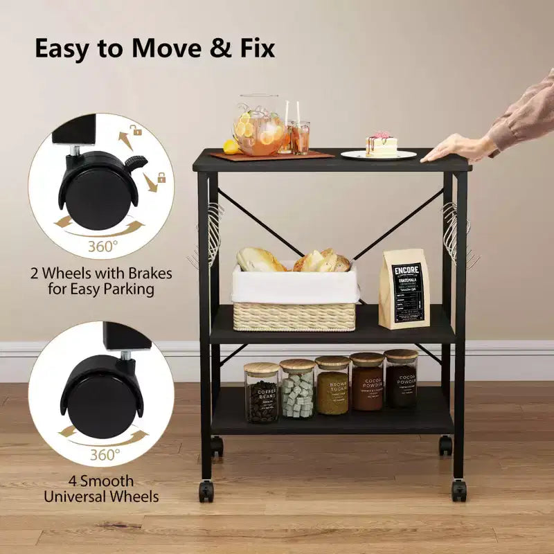 3-Tier Kitchen Baker's Rack Microwave Oven Storage Cart with Hooks