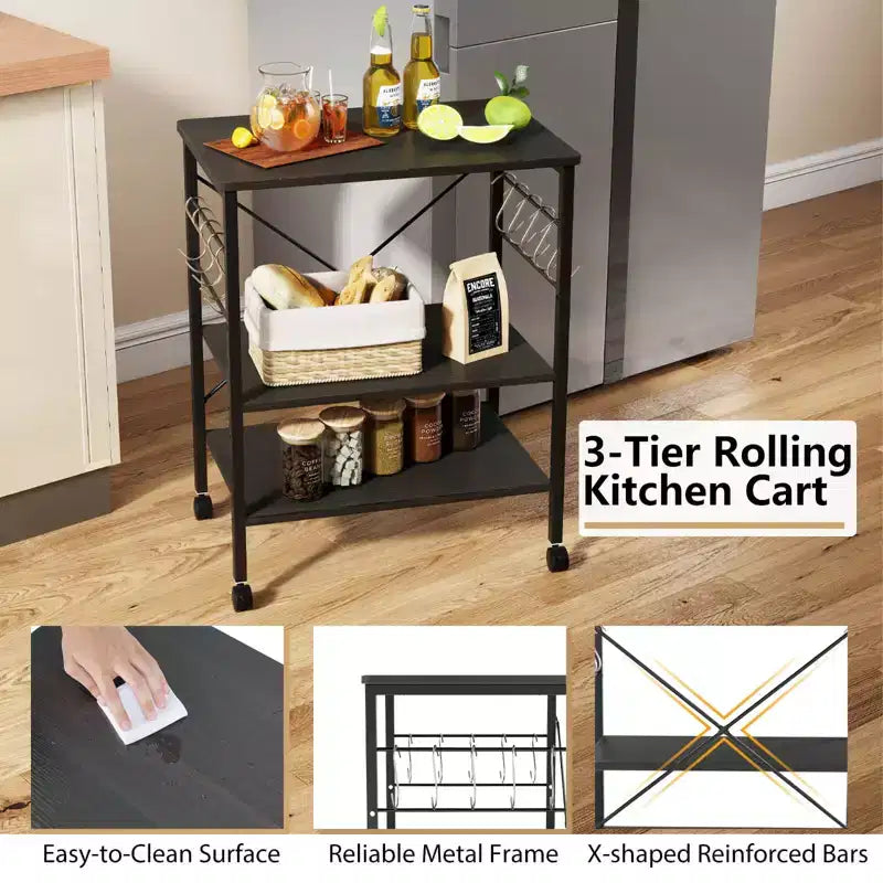 3-Tier Kitchen Baker's Rack Microwave Oven Storage Cart with Hooks