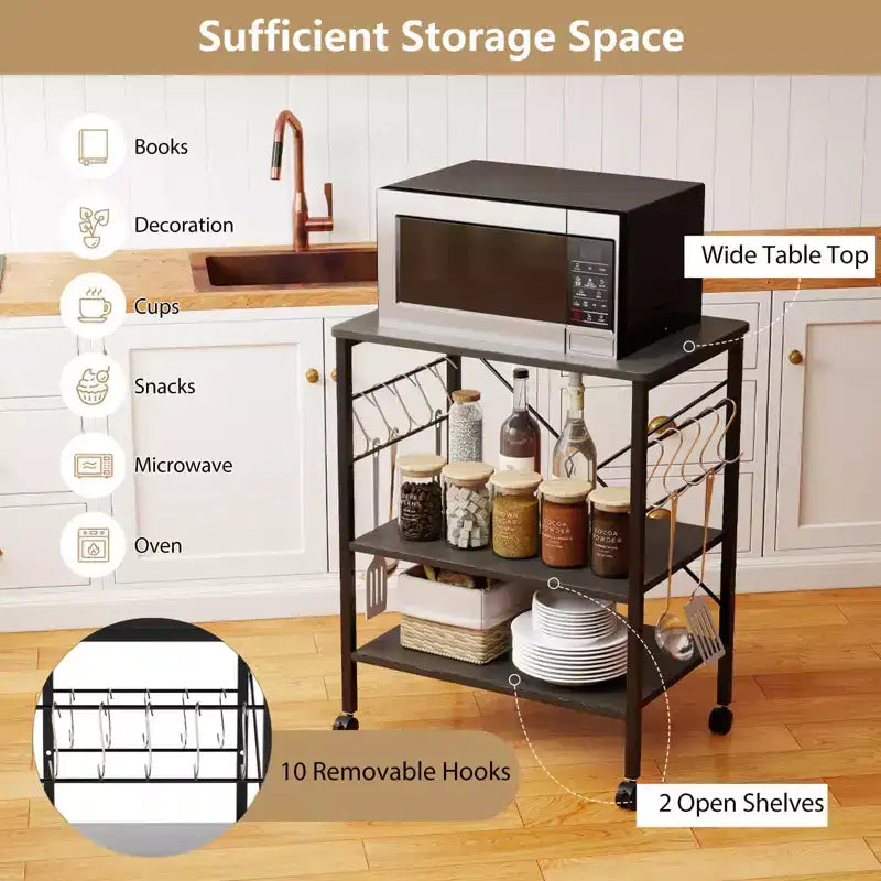 3-Tier Kitchen Baker's Rack Microwave Oven Storage Cart with Hooks